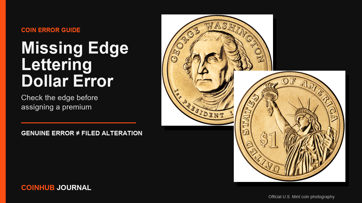 Official U.S. Mint obverse and reverse photographs of a 2007 George Washington Presidential dollar in a CoinHub error-guide frame