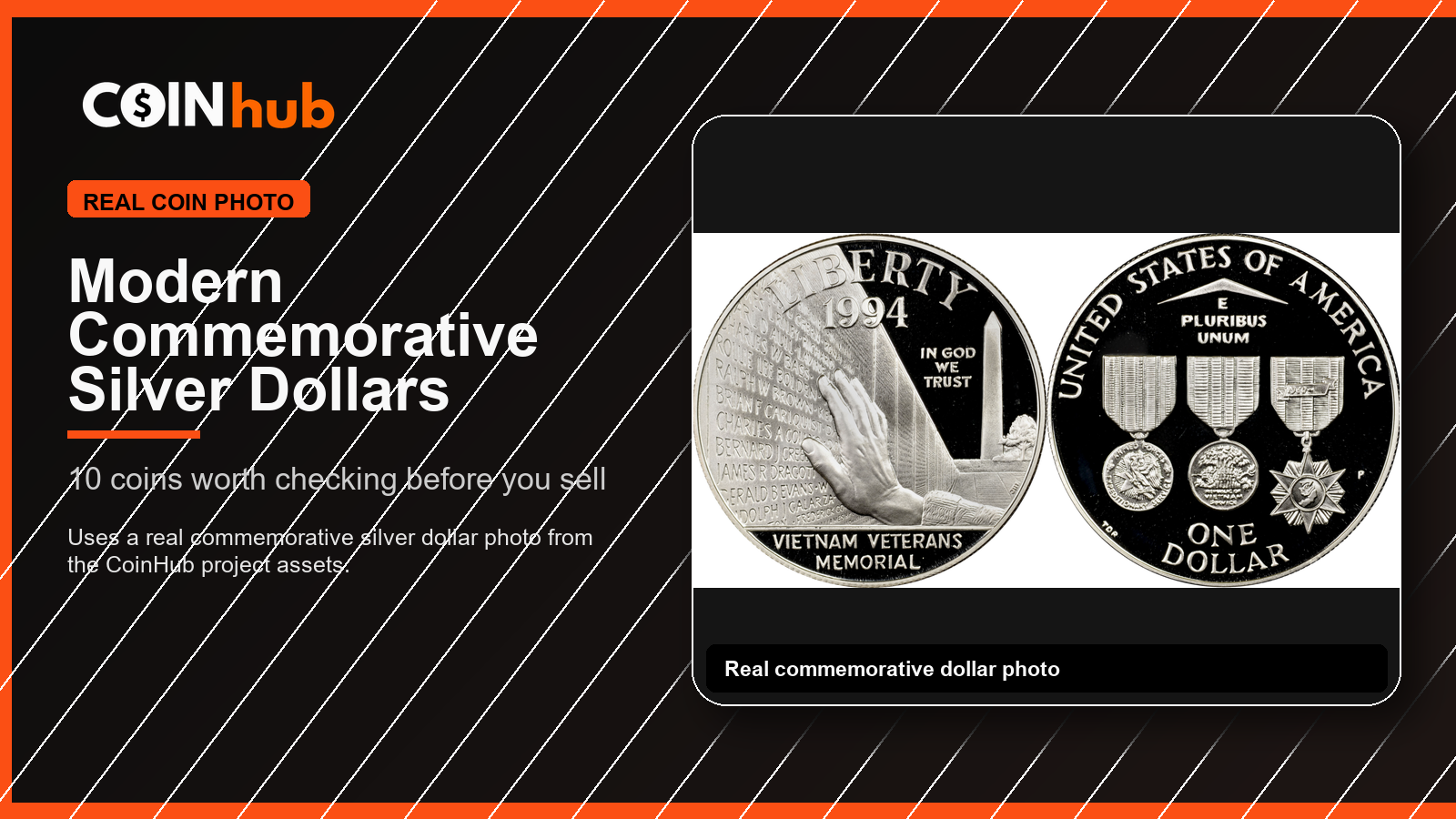 CoinHub top list graphic using a real 1994-W Vietnam Veterans Memorial commemorative silver dollar photo