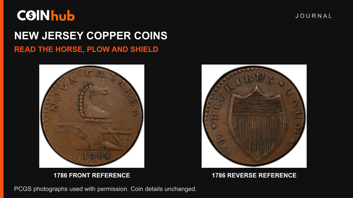 Complete front and back of a genuine 1786 New Jersey copper with horse, plow and shield, photographed by PCGS
