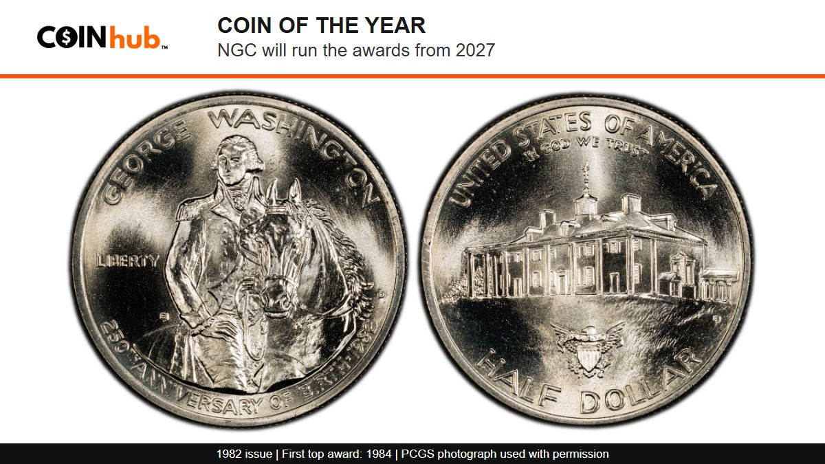 Both faces of a genuine 1982-D George Washington half dollar, a PCGS reference for the issue that won the first top COTY honor in 1984