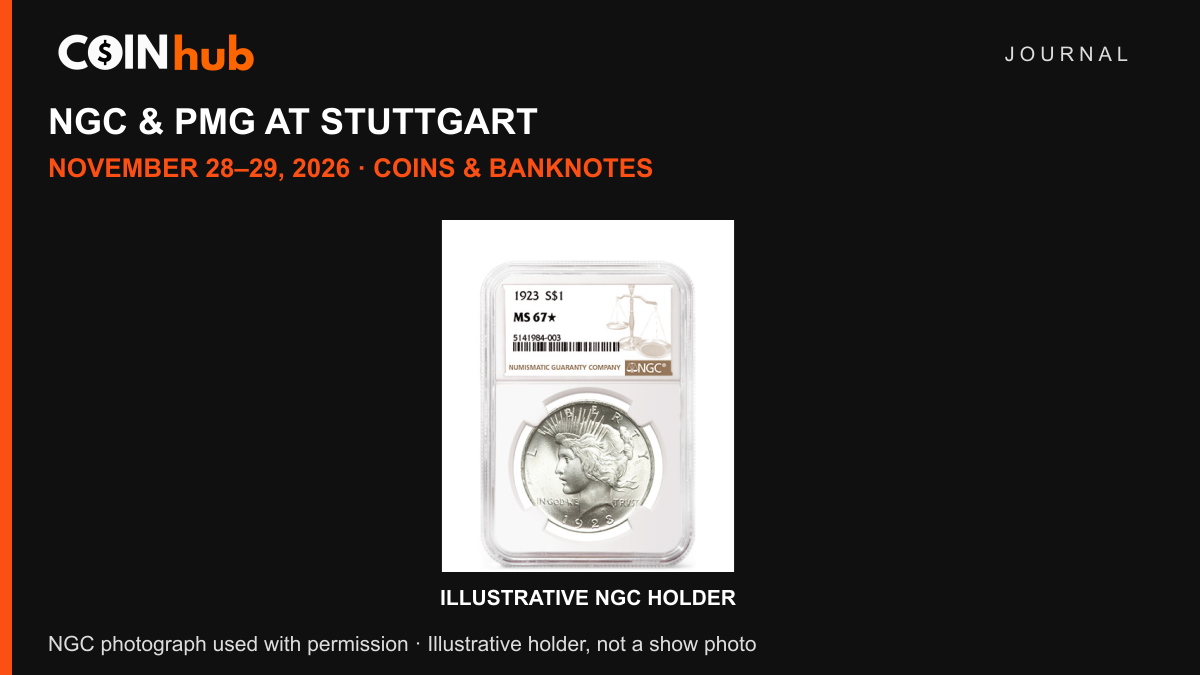 NGC Peace dollar holder beside the confirmed November 28–29, 2026 Stuttgart submission dates
