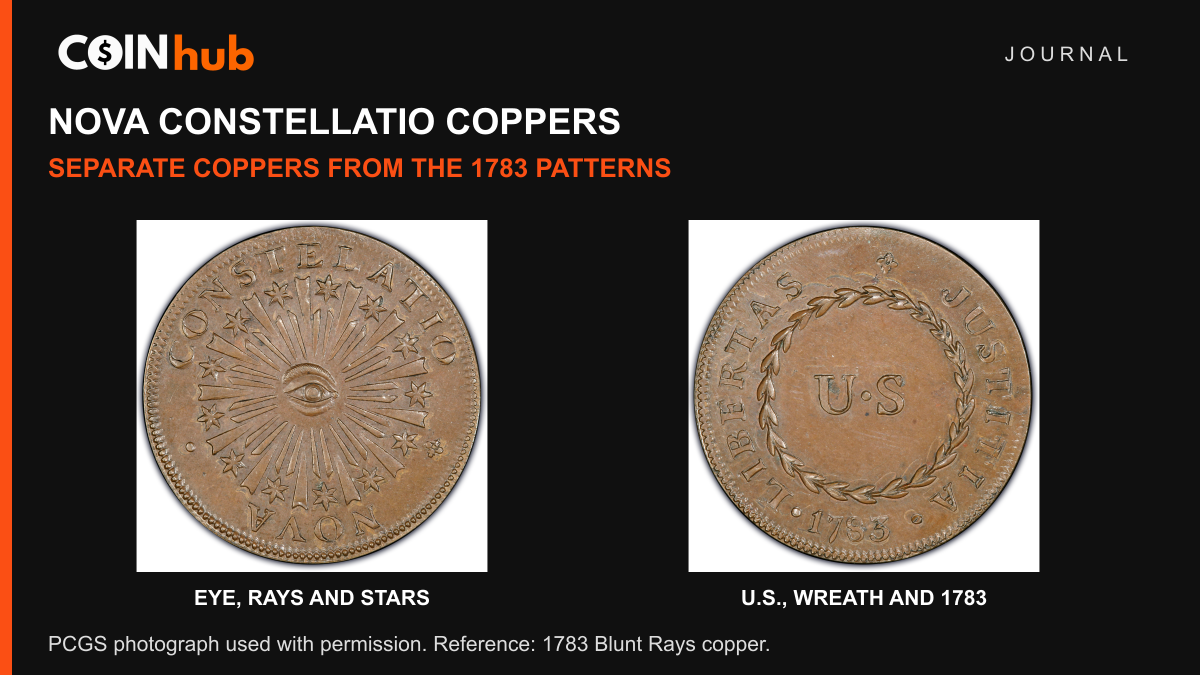 Complete eye-and-rays and U.S.-wreath faces of a genuine 1783 Blunt Rays Nova Constellatio copper