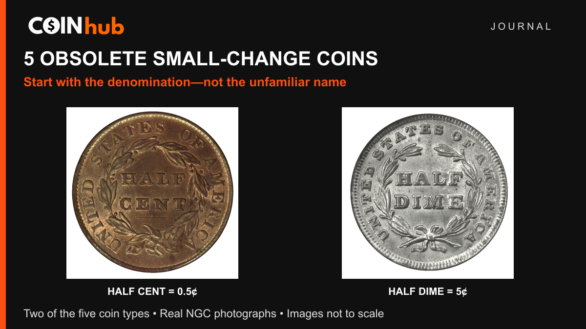 NGC photographs of a half-cent reverse and half-dime reverse labeled 0.5 cent and 5 cents; images are not to scale.