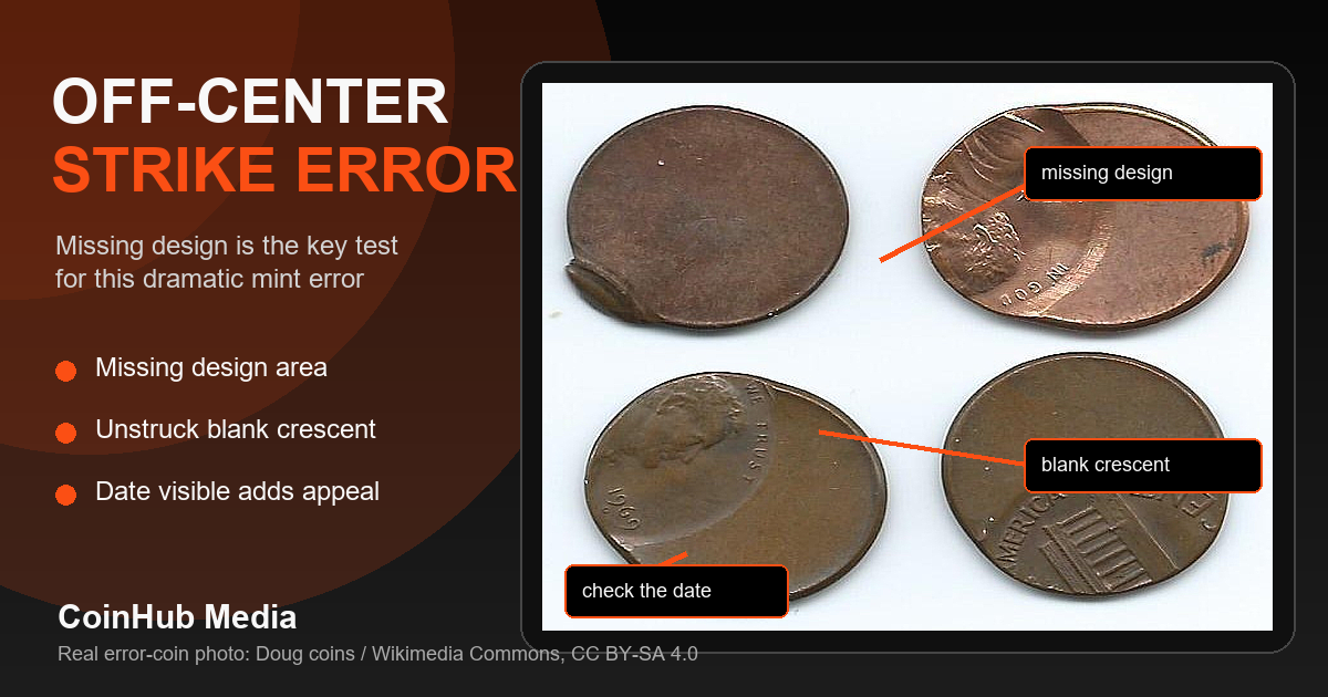 CoinHub off-center strike error guide graphic using real off-center error cents with missing design diagnostic labels