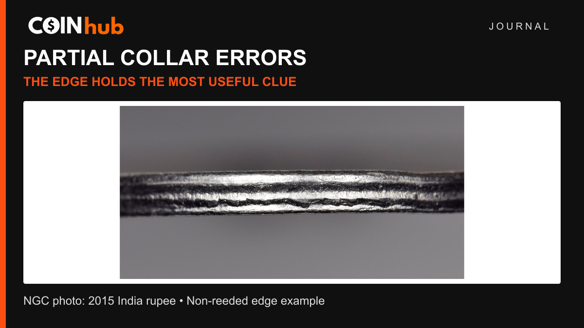 NGC close-up photograph of the non-reeded edge of a 2015 India rupee with a partial collar error, illustrating a stepped wagon-wheel edge.