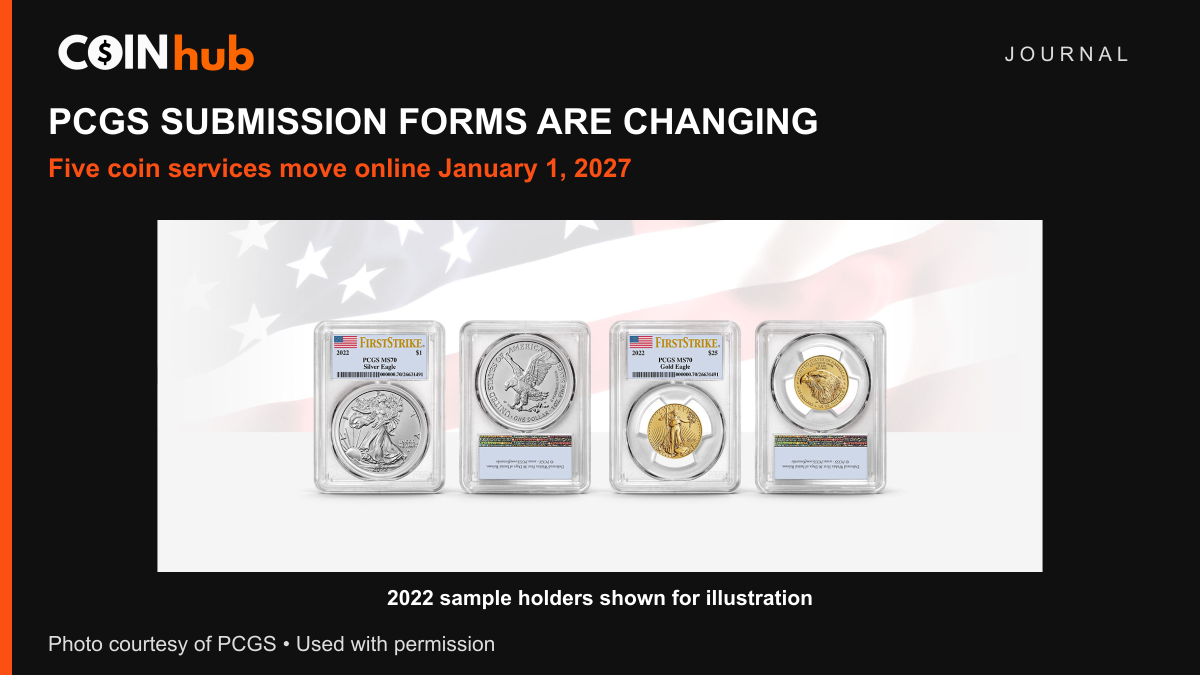 Genuine PCGS sample holders containing 2022 American Eagle coins, shown as an illustration of encapsulated coins with separate CoinHub branding.