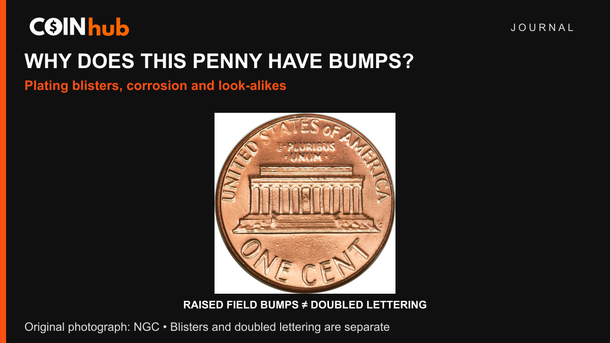 NGC reference photograph of a 1983 doubled-die reverse cent with small raised plating blisters in the fields; doubling and blisters are separate features.