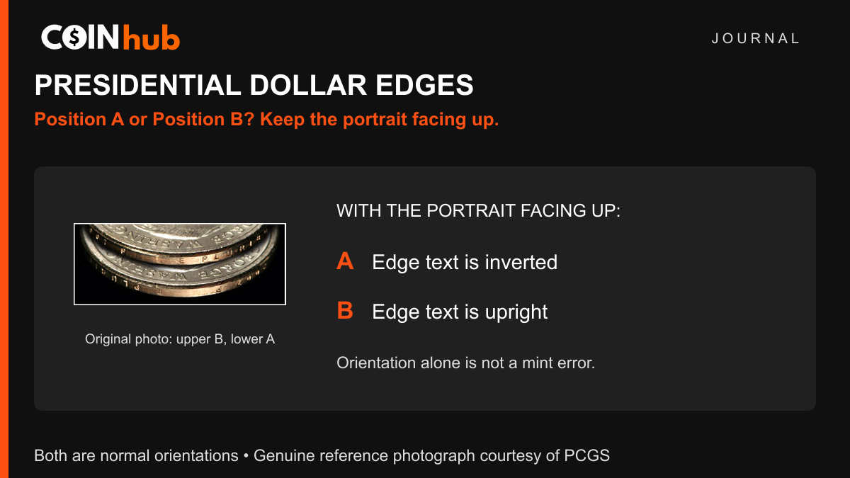 Genuine PCGS photograph of two Presidential dollar edges: Position B on the upper coin and Position A on the lower coin, with CoinHub identification text.