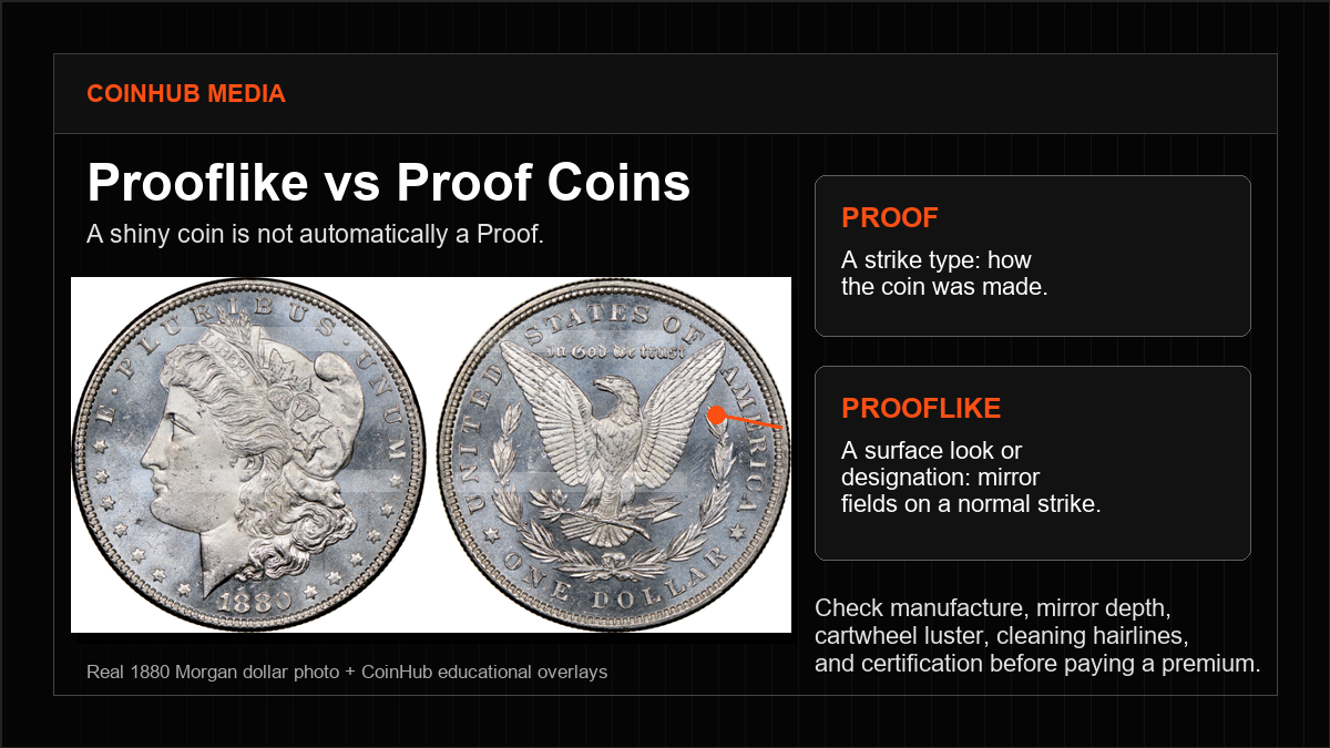 CoinHub prooflike vs proof coin guide graphic using a real 1880 Morgan dollar photo with mirror-field and strike-type labels