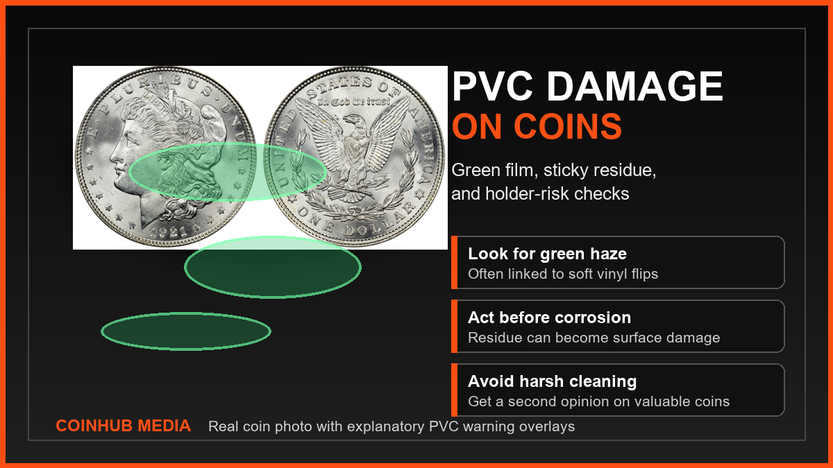 CoinHub PVC damage on coins guide graphic using a real 1921 Morgan dollar photo with green residue warning overlays
