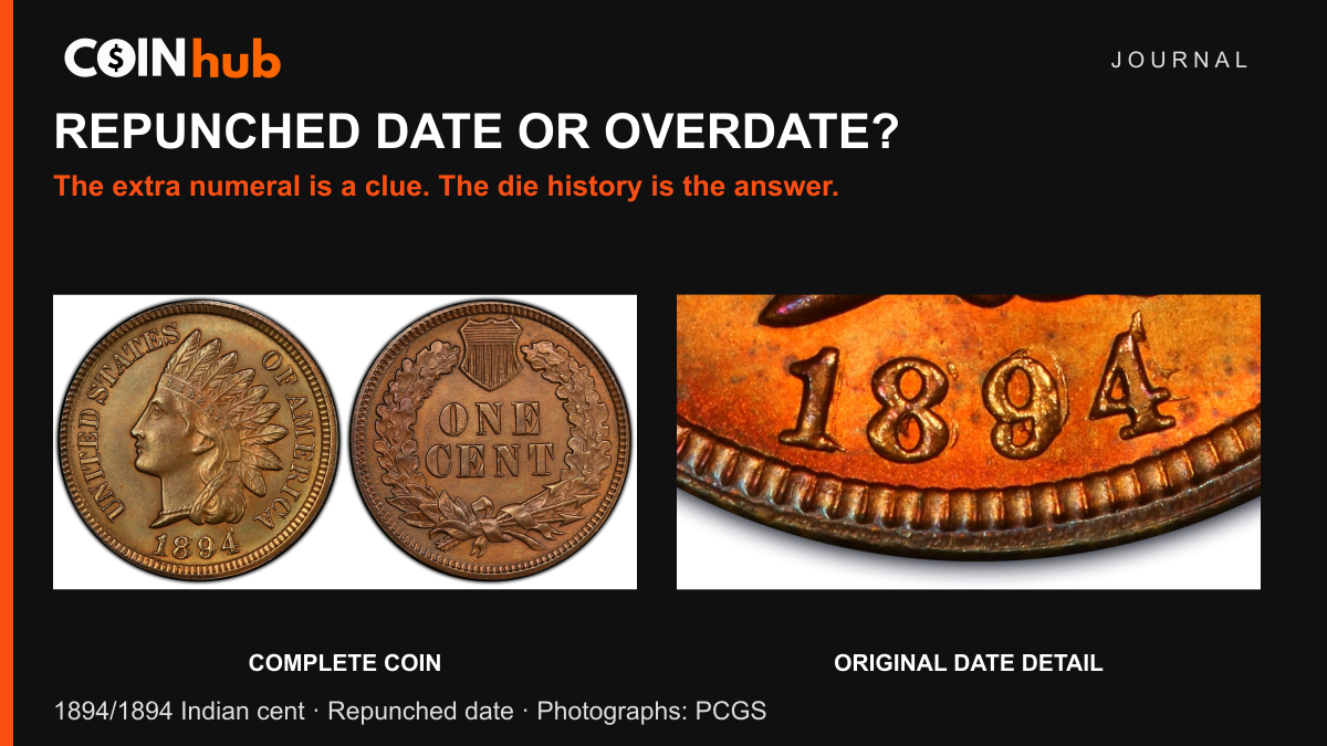 PCGS photographs of an 1894/1894 Indian Head cent and original close-up of its repunched date.