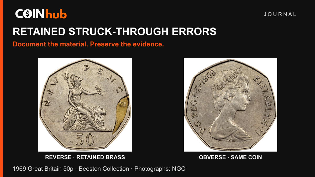 NGC photographs of a 1969 Great Britain 50 pence coin with retained brass on the Britannia reverse, alongside its Elizabeth II obverse.
