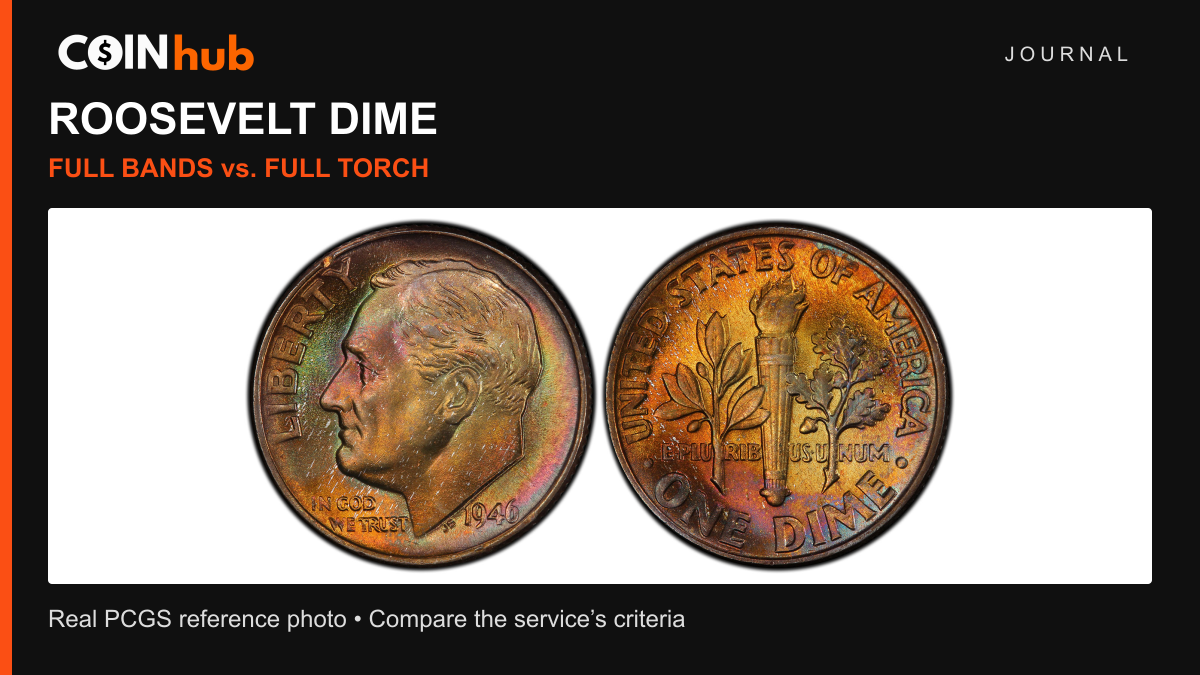 Real PCGS photograph of a 1946 Roosevelt dime, obverse and reverse, in a CoinHub Full Bands versus Full Torch guide.