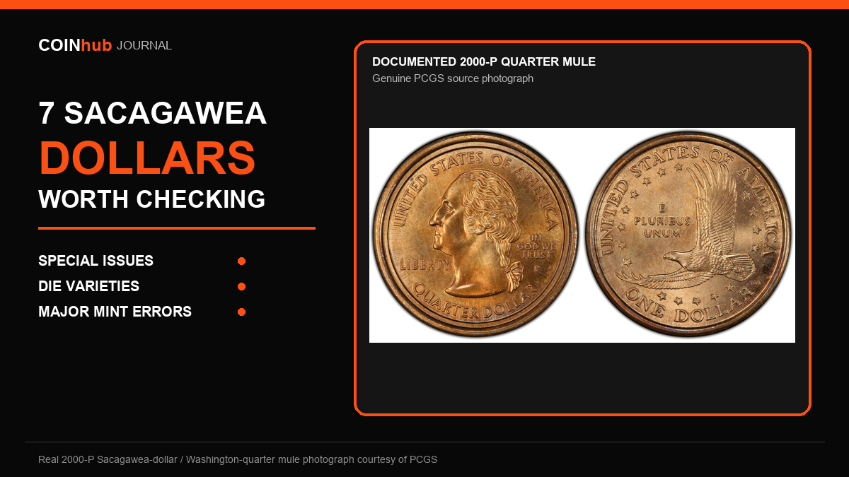 Documented PCGS photograph of the obverse and reverse of a 2000-P Sacagawea dollar and Washington quarter mule, framed in CoinHub orange on black