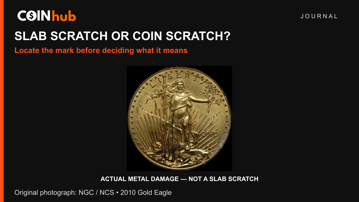 NGC photograph of a 2010 Gold Eagle with severe mechanical scratches in the metal, shown as a coin-damage example before conservation.