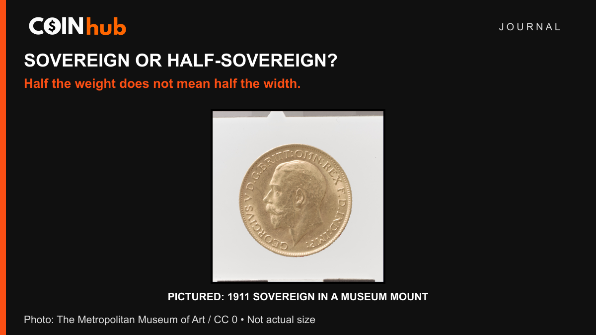 The portrait side of a 1911 George V sovereign in a museum mount, photographed by the Metropolitan Museum of Art; not actual size.