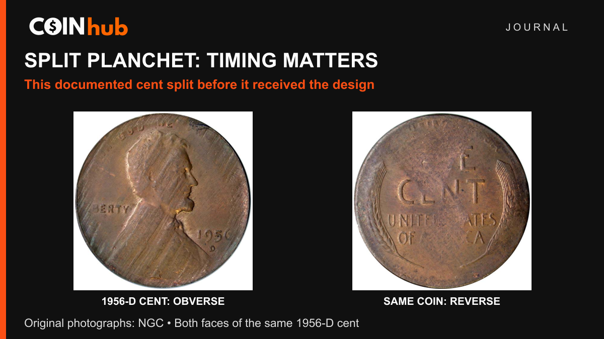 NGC photographs of both faces of a 1956-D Lincoln cent struck on a planchet that split before striking.