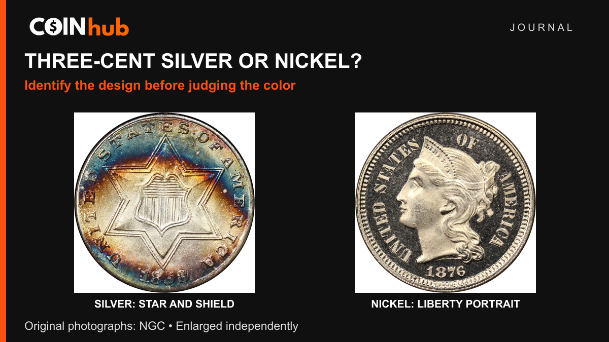 NGC photographs of an 1858 silver three-cent coin with star and shield, and an 1876 nickel three-cent coin with Liberty portrait, enlarged independently.