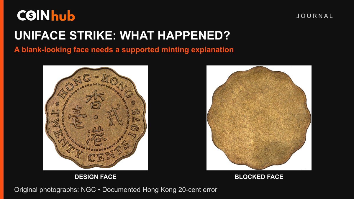NGC photographs showing the design face and blank face of a 1975 Hong Kong 20-cent uniface mint error.