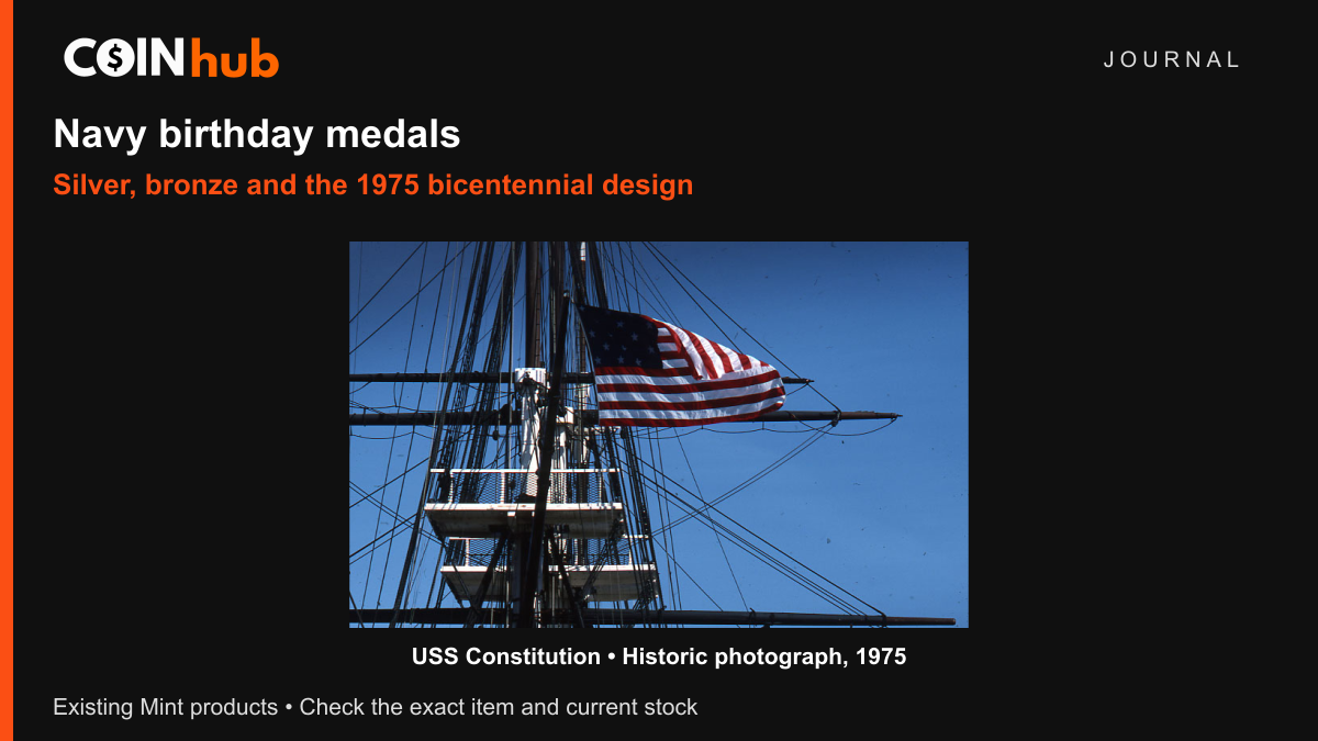 Historic 1975 photograph of USS Constitution rigging and flag in a CoinHub Navy medal news graphic; not a medal photograph