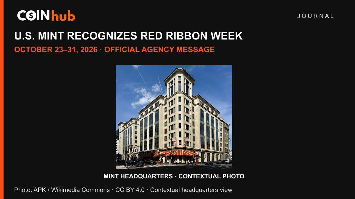 Contextual photograph of the United States Mint headquarters building in Washington, D.C., by APK, with a CoinHub Red Ribbon Week headline