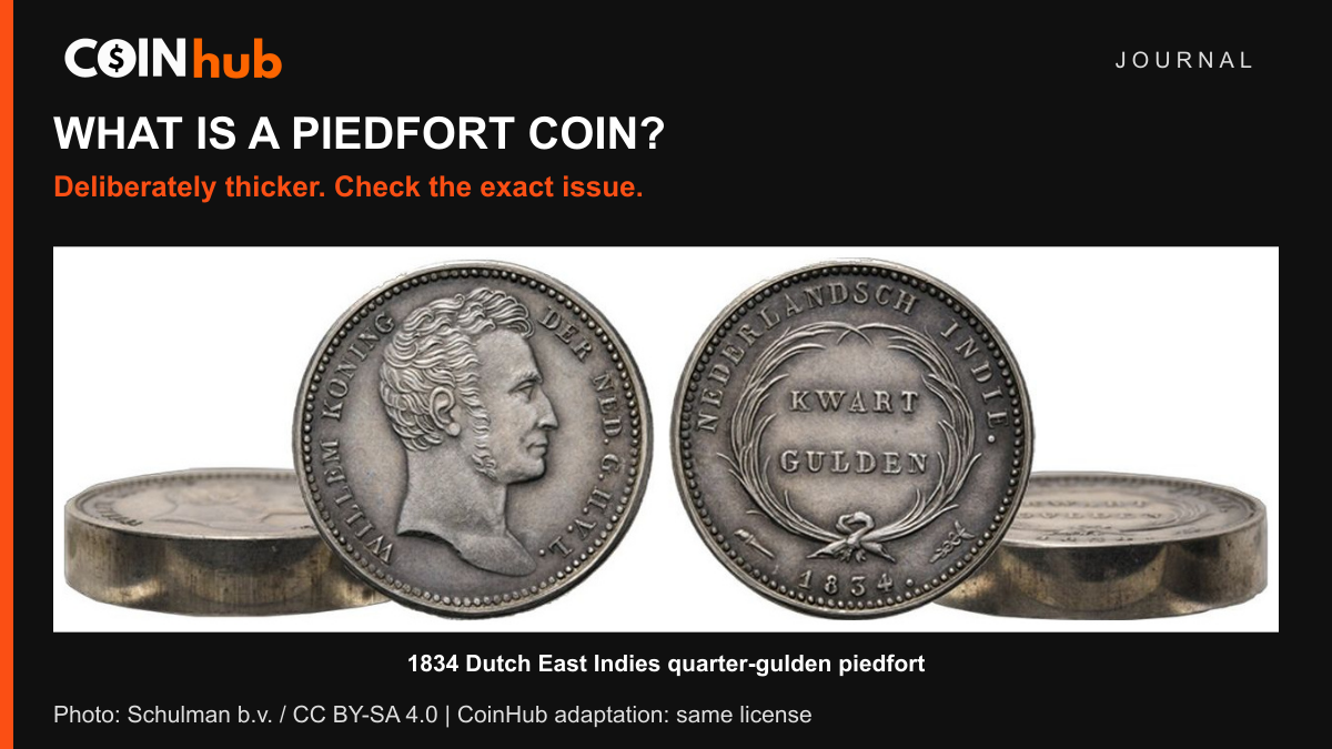 Both faces and angled edge views of an 1834 Dutch East Indies quarter-gulden piedfort, photographed by Schulman b.v., in a CoinHub layout.