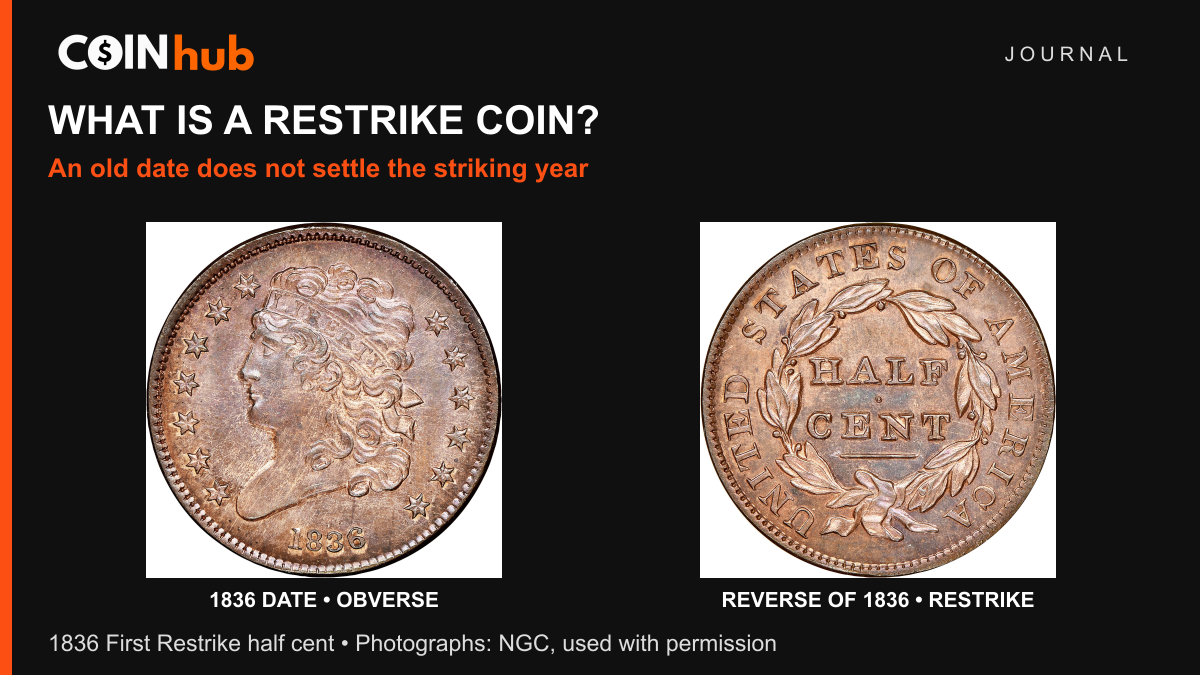 NGC photographs of the obverse and reverse of an 1836 Classic Head half cent classified as a reverse of 1836 First Restrike, in a CoinHub Journal layout.