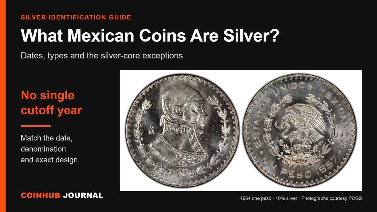 CoinHub Mexican silver guide with genuine 1964 Morelos one-peso photographs showing both coin faces
