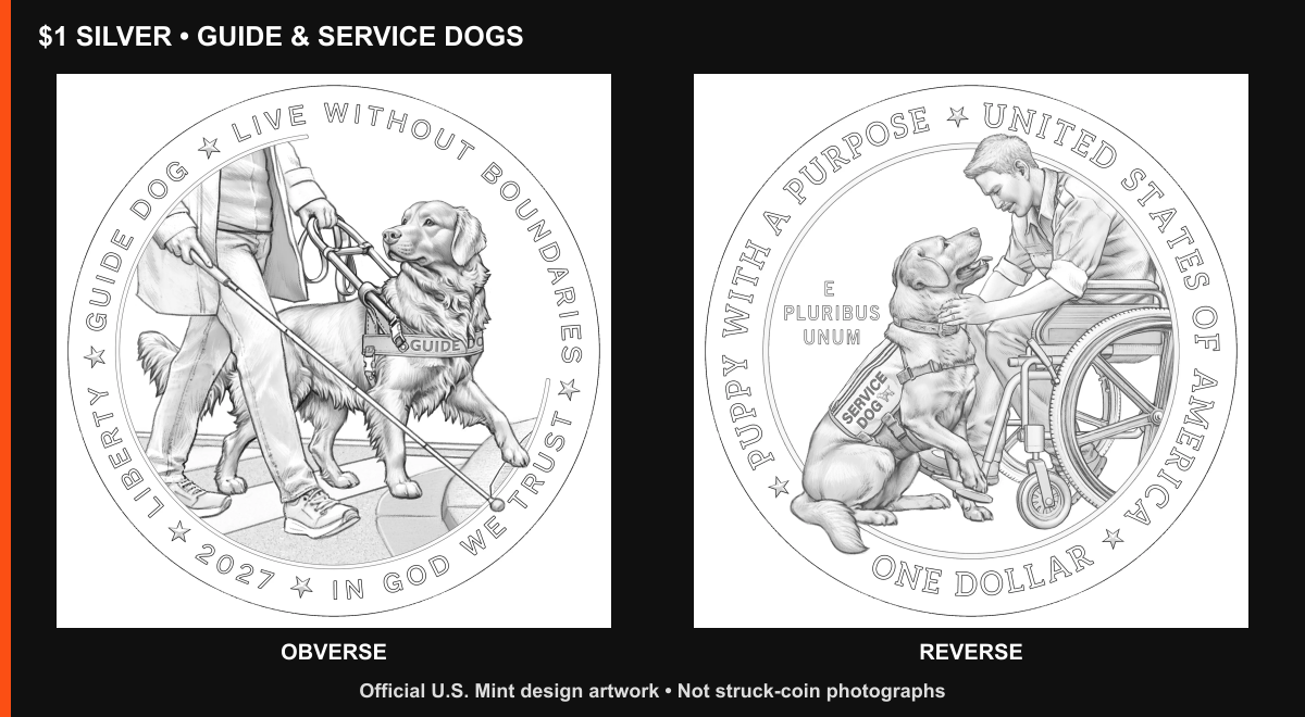 Official 2027 Working Dogs silver dollar drawings: a guide dog with a walking handler and a service dog beside a wheelchair user.