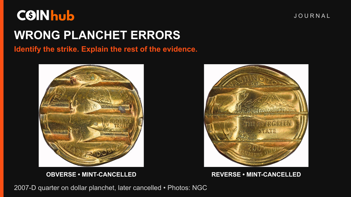 NGC photograph of a 2007-D Washington quarter struck on a Sacagawea dollar planchet and subsequently cancelled by the Mint.