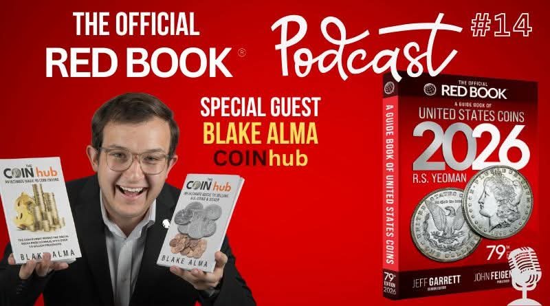 Official Red Book Podcast artwork featuring Blake Alma and his CoinHub books