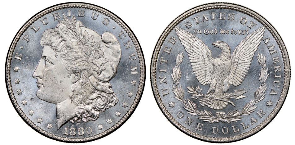 Obverse and reverse of an 1880 Morgan dollar