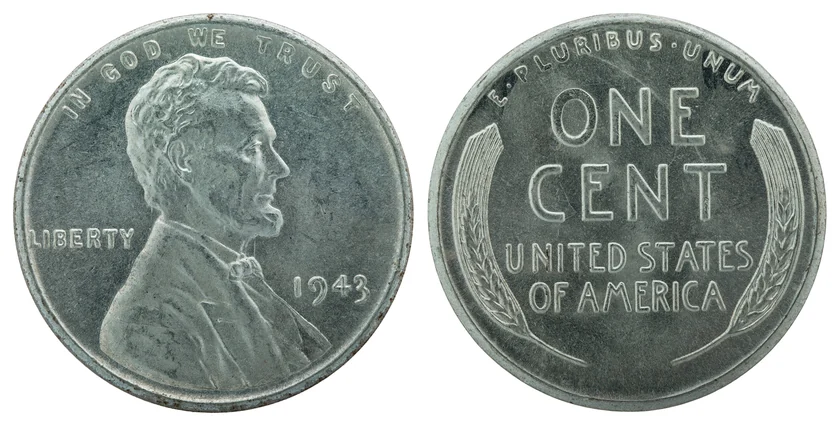 Both faces of a real 1943 Lincoln cent: Lincoln and date at left; ONE CENT between wheat stalks at right.