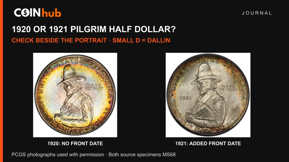 Full obverses of the 1920 and 1921 Pilgrim half dollars in PCGS photographs, showing the added 1921 date beside the second portrait