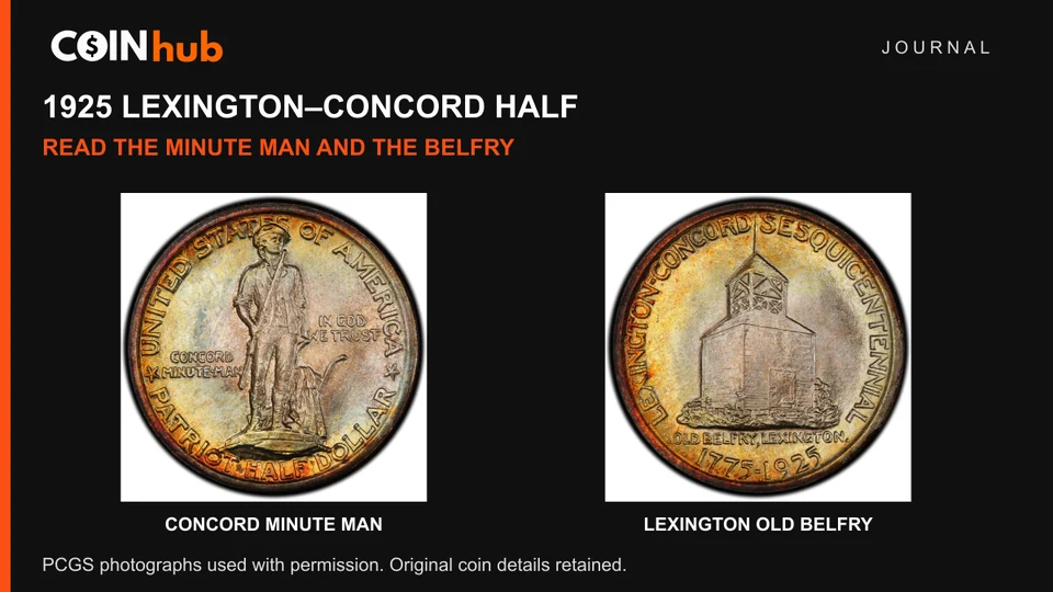 Complete front and back of a genuine 1925 Lexington–Concord half dollar photographed by PCGS