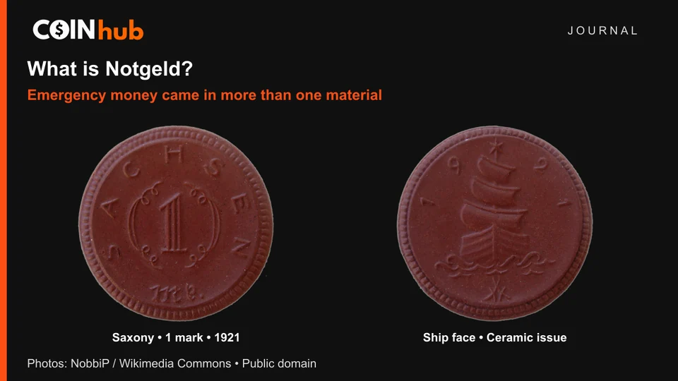 Genuine brown ceramic 1921 Saxony one-mark Notgeld, value face and ship face, in a CoinHub Journal graphic