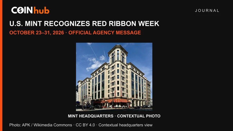 Contextual photograph of the United States Mint headquarters building in Washington, D.C., by APK, with a CoinHub Red Ribbon Week headline