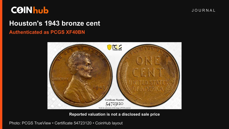PCGS TrueView photograph of both sides of the Houston 1943 bronze Lincoln cent, certificate 54723120, in a CoinHub Journal layout