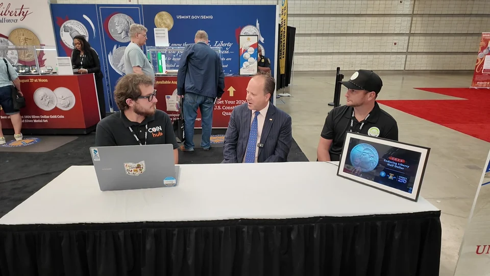Blake Alma, U.S. Mint Director Paul Hollis and Justin Couch seated together during the CoinHub interview