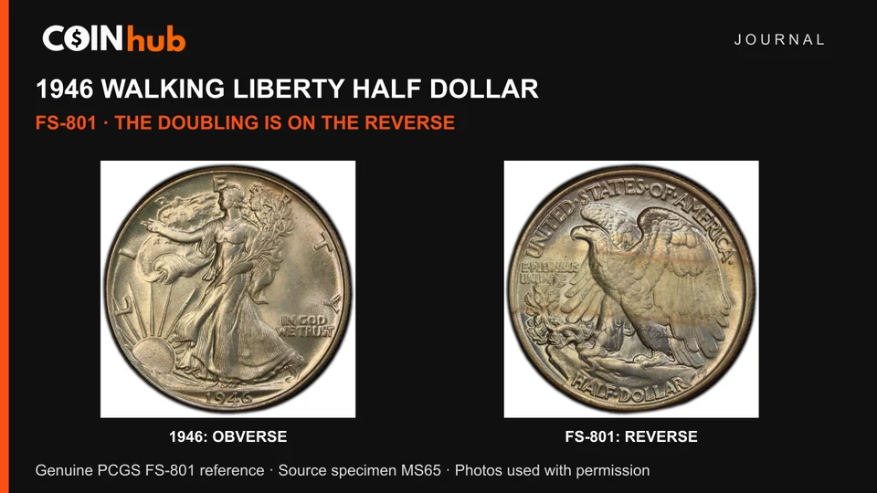 Both faces of a genuine PCGS 1946 FS-801 doubled die reverse Walking Liberty half dollar, with date and reverse labels