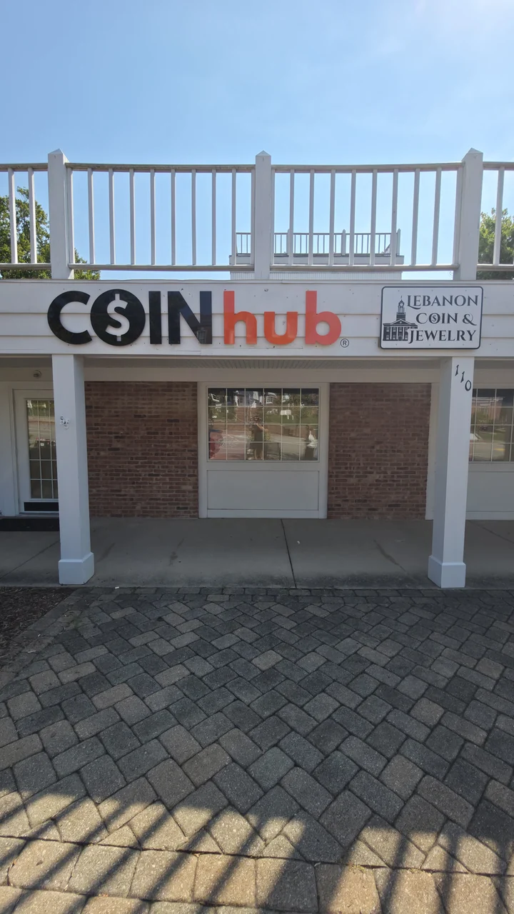 CoinHub and Lebanon Coin and Jewelry signs installed above the entrance at 110 South Broadway Street