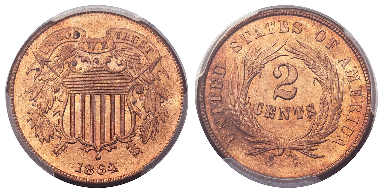1864 United States two-cent piece value guide image showing obverse and reverse