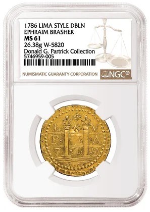 NGC photograph of 1786 Brasher Doubloon, Lima Style