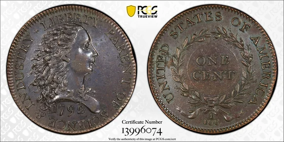 Obverse and reverse of 1792 Birch cent pattern, Plain Edge (Judd-3); PCGS TrueView photograph