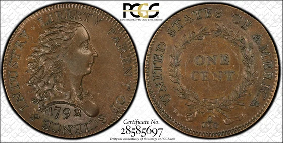 Representative Obverse and reverse of 1792 Birch cent pattern, Two-Star Lettered Edge (Judd-4); PCGS TrueView photograph