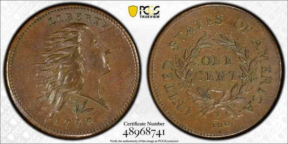 1793 Wreath cent, Lettered Edge, PCGS MS62BN specimen, obverse and reverse