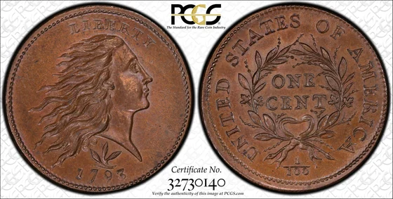 1793 Wreath cent, Vine and Bars edge (S-9), PCGS MS65+BN specimen, obverse and reverse