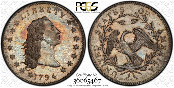Both sides of the 1794 Flowing Hair silver-plug dollar graded PCGS SP66