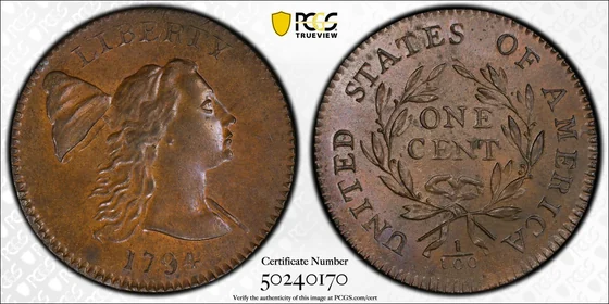 1794 Liberty Cap cent, Head of 1793 (S-18b), PCGS MS64BN specimen, obverse and reverse