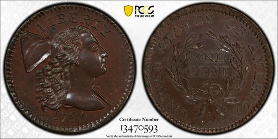 1794 Liberty Cap cent, No Fraction Bar (S-64), PCGS MS65BN specimen, obverse and reverse